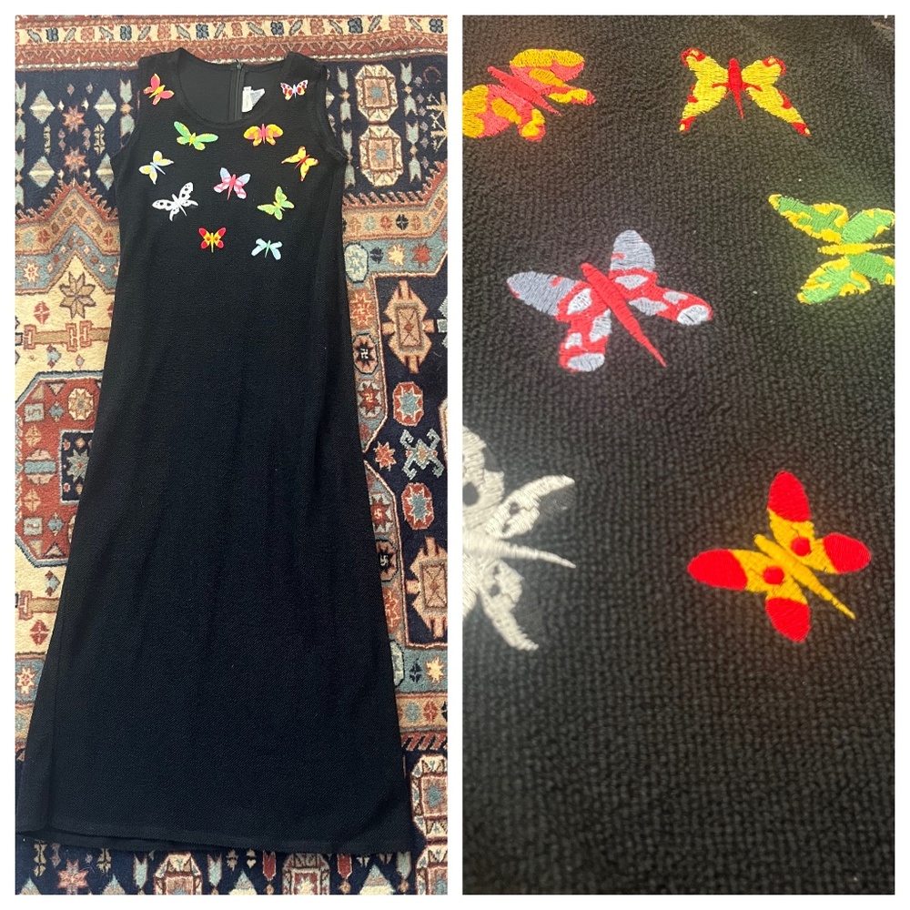 Vintage Neiman Marcus boucle black dress embroidered butterfly sheath midi Small